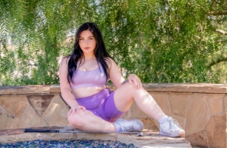Hot brunette Keira Croft models spandex shorts before having sex